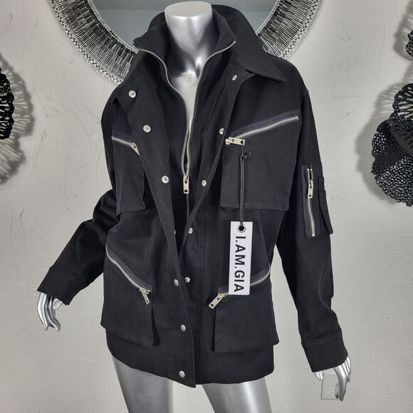 NWT~$295~I AM GIA~S/M~BLACK MILITARY UTILITY CARGO DENIM JEAN JACKET COAT - Picture 11 of 16